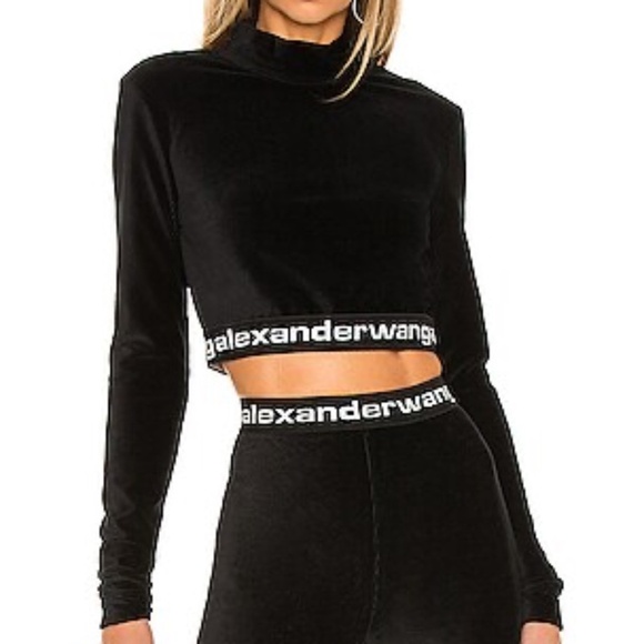 T by Alexander Wang Corduroy Cropped Logo Elastic Top in Black Small - Picture 1 of 5